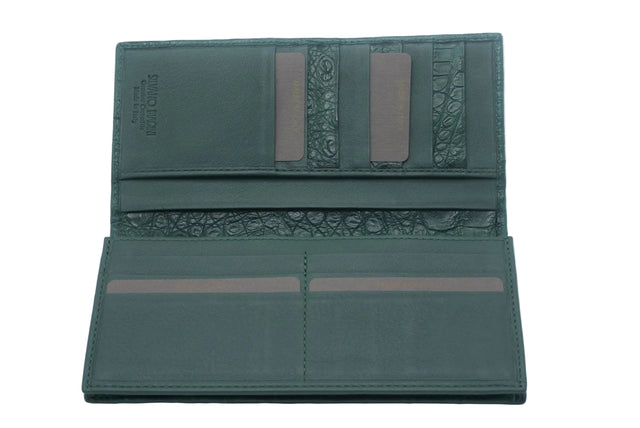 Green leather wallet with decorative patterns on a white background