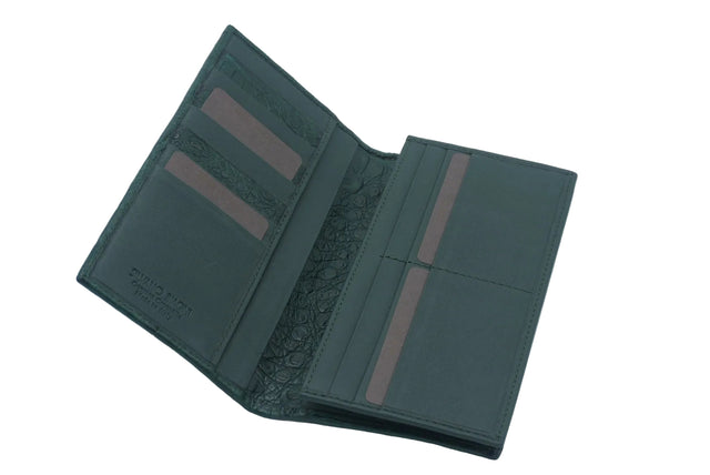 Green leather wallet with a textured pattern on a light gray background