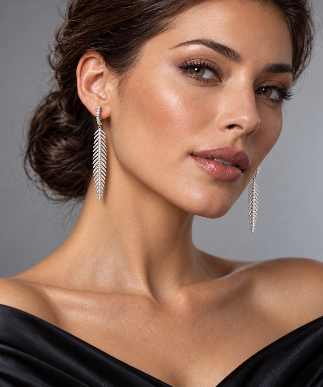 Silver diamond leaf earrings