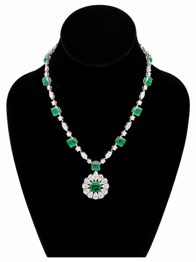 Green Gem Flower Pendant Necklace with Zirconia