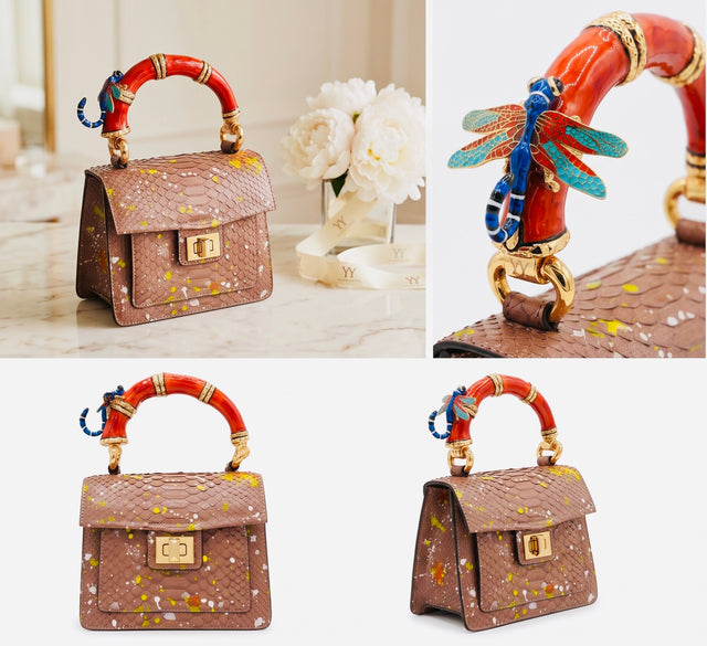 Poudre Python Art Bag with red top handle and blue dragonfly charm