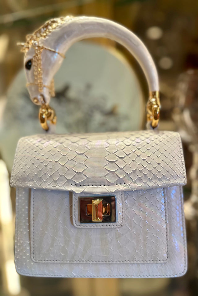Snow White Python handbag with hand-painted pony horse enamelled brass handle
