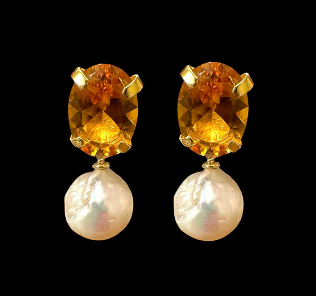 Yellow quartz and baroque pearl earrings