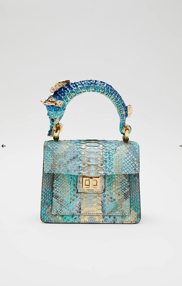 Python handbag with hand-painted seahorse enamelled brass handle