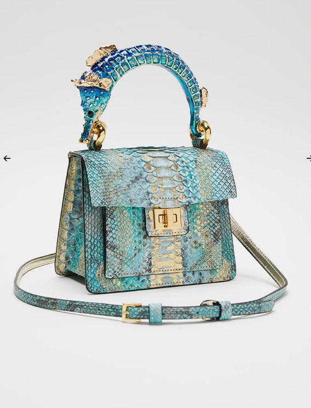 Python handbag with hand-painted seahorse enamelled brass handle