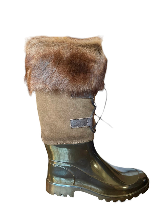 Cognac fur and suede combo rain boots