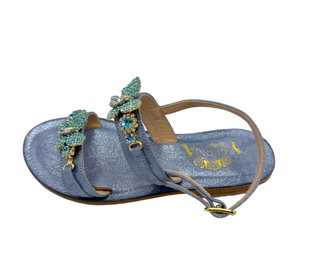 Baby Blue Crystal Butterfly Mini-Me Flat Sandals in Denim - Larger Size