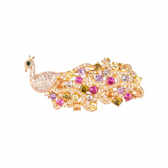 Multicolor Zircon Peacock Brooch