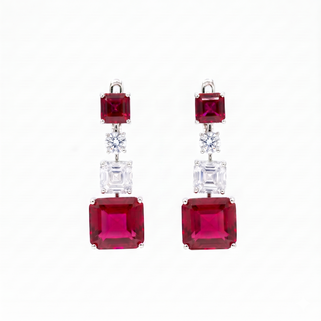 Red Jewel and Cubic Zircon Earrings
