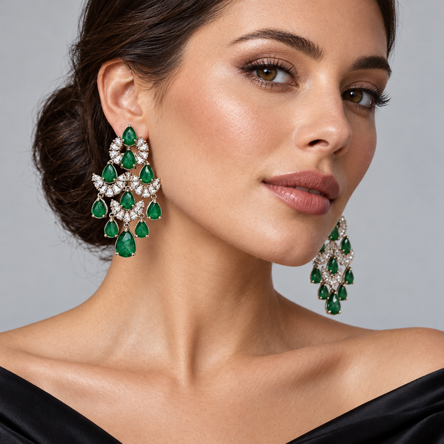 Green and silver drop earrings