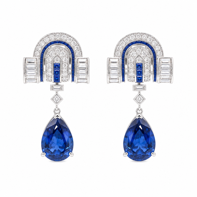 Art Deco Style Blue Sapphire Drop Earrings