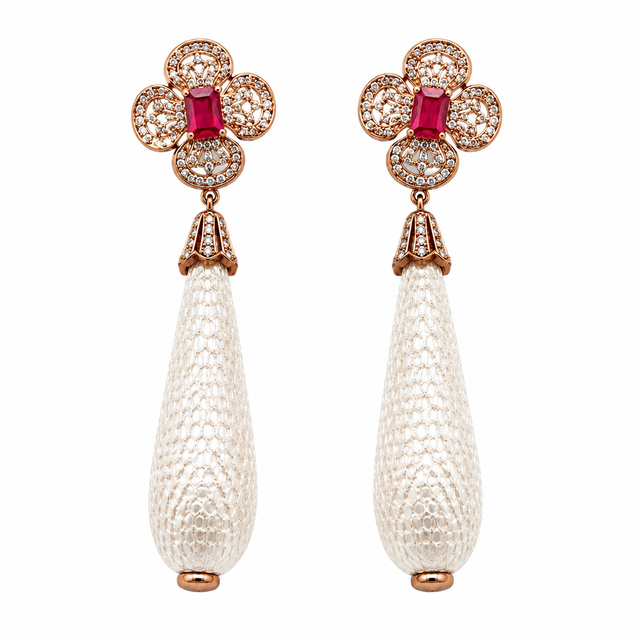 Rose Gold and White Earrings with a Red Zircon