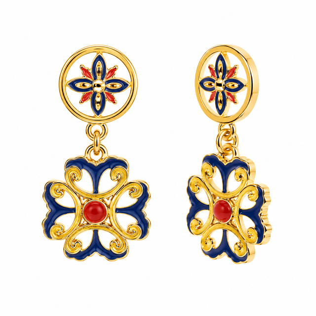 Metal earrings with blue, yellow and red enamelled flower majolica