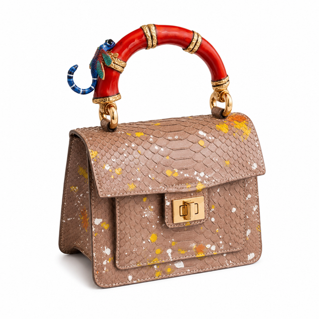 Poudre Python Art Bag with red top handle and blue dragonfly charm