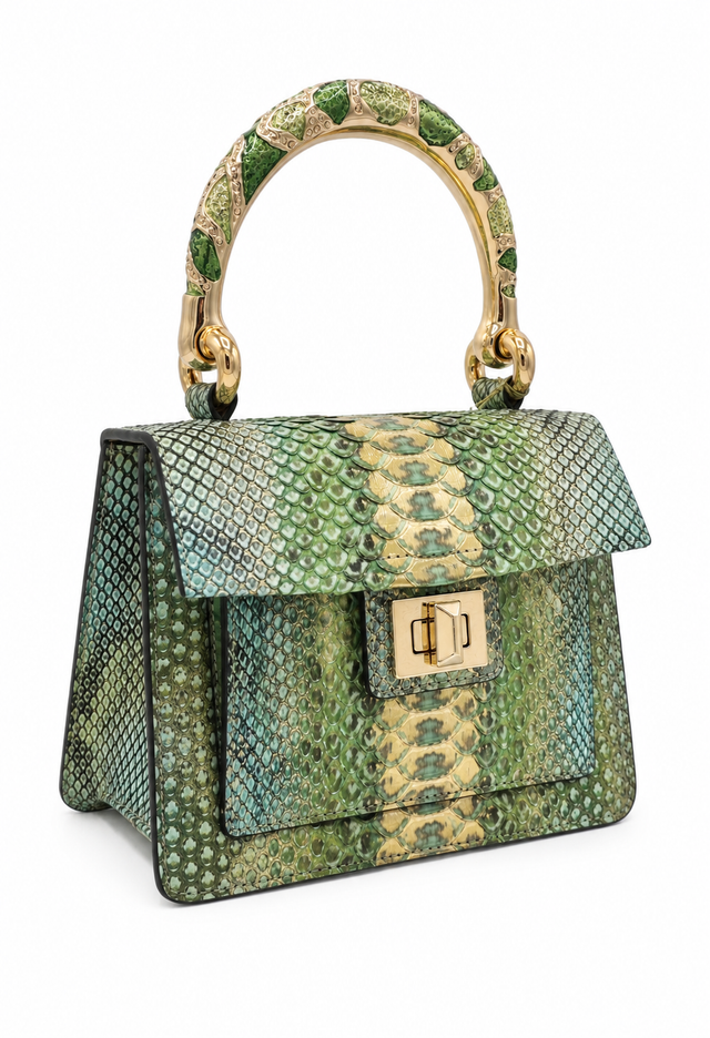 Green & Gold Python Handbag with hand-painted snake brass handle