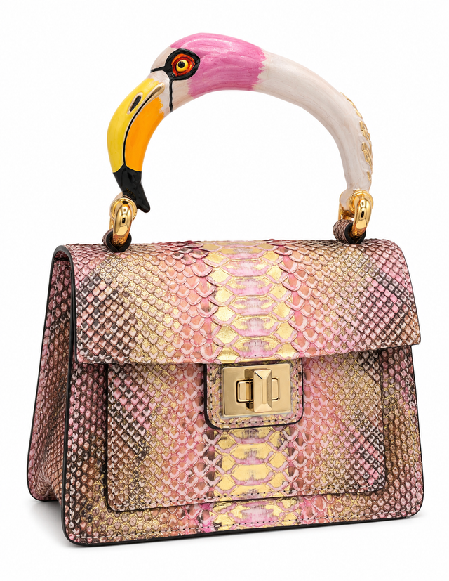 Pink & Gold Python top handle bag with pink flamingo handle charm