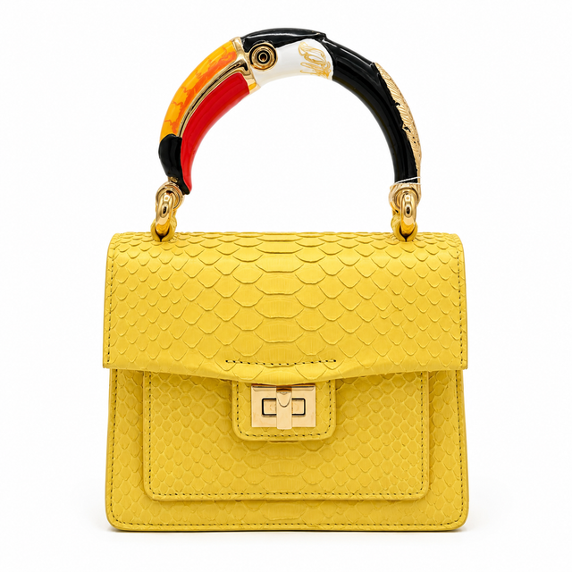 Yellow Python Handbag with hand-painted Toucan Bird enamelled brass handle