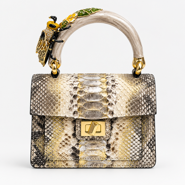 Gold & Brown Python Handbag with hand-painted bee enamelled brass handle