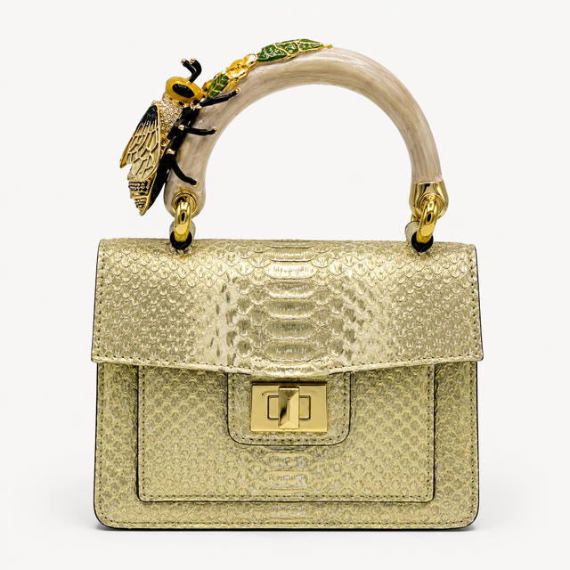 Gold Metallic Python Handbag with hand-painted bee enamelled brass handle