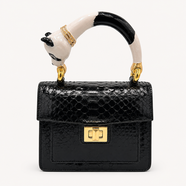 Black Python Handbag with hand-painted Panda enamelled brass handle