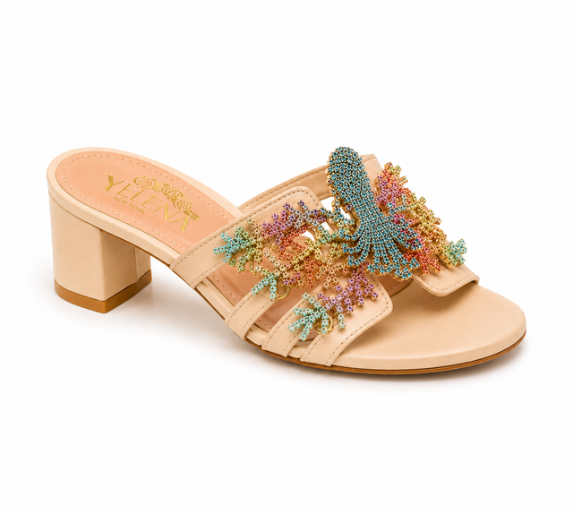 Multicolored octopus and coral jeweled chunky heel sandals in beige leather-RESTOCK COMING