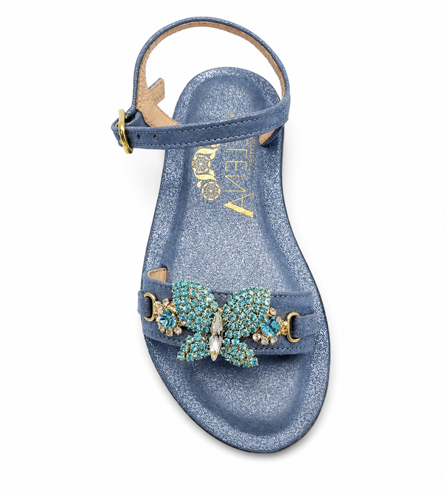 Baby Blue Crystal Butterfly Mini-Me Flat Sandals in Denim - Smaller Sizes