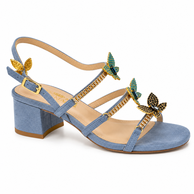 Baby Blue Butterfly Midi Chunky Heel Sandals-RESTOCK COMING