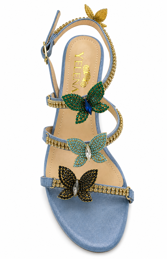 Baby Blue Butterfly Midi Chunky Heel Sandals-RESTOCK COMING