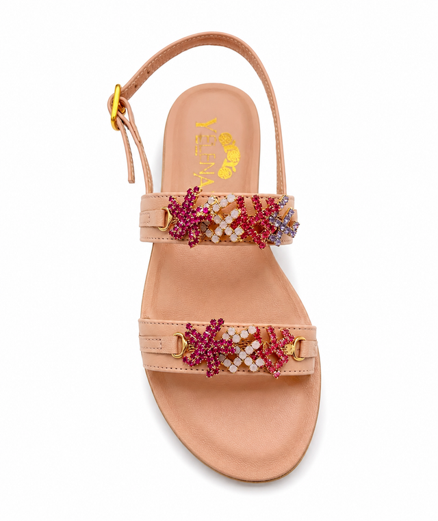 Pink Crystal Coral Starfish Crystal Mini-Me Flat Sandals in Leather - Larger Size