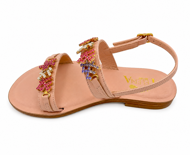 Pink Crystal Coral Starfish Crystal Mini-Me Flat Sandals in Leather - Larger Size