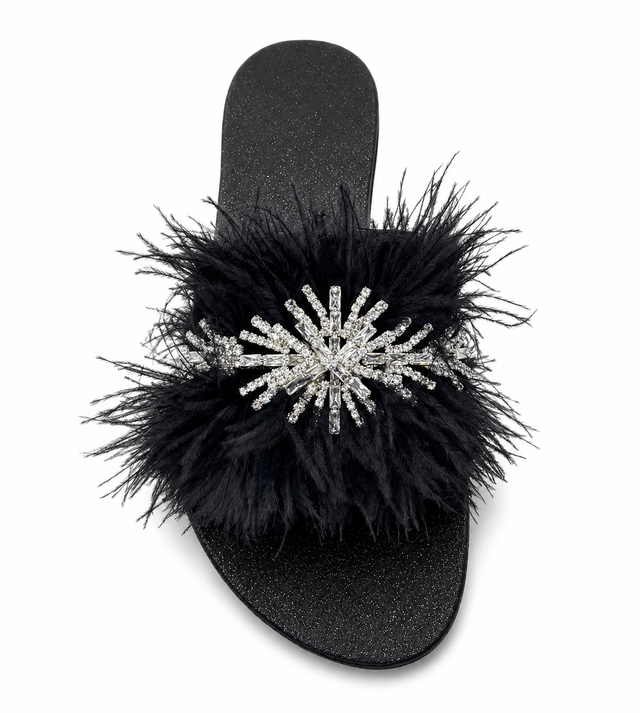 Black Feather Crystal Dream Slide Sandals in Suede