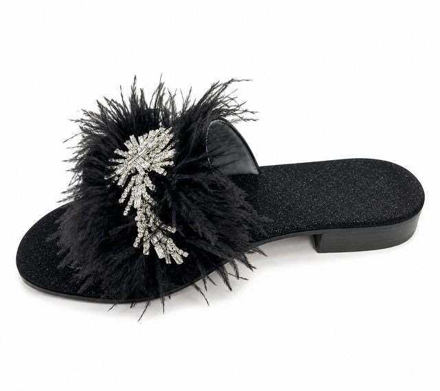 Black Feather Crystal Dream Slide Sandals in Suede