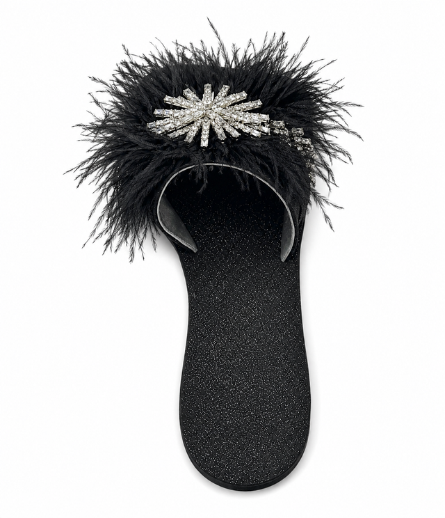 Black Feather Crystal Dream Slide Sandals in Suede