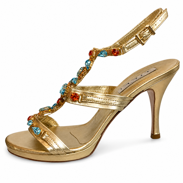 Kitten Heel Tiffi Capri Sandals in Coral and Blue