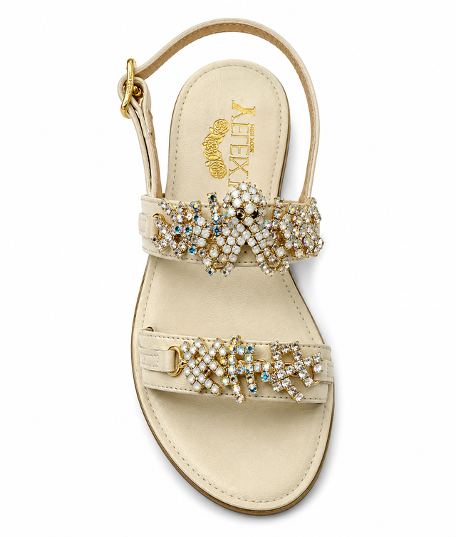 Off White Ecru Crystal Octopus Crystal Mini-Me Flat Sandals in Leather - Larger Size