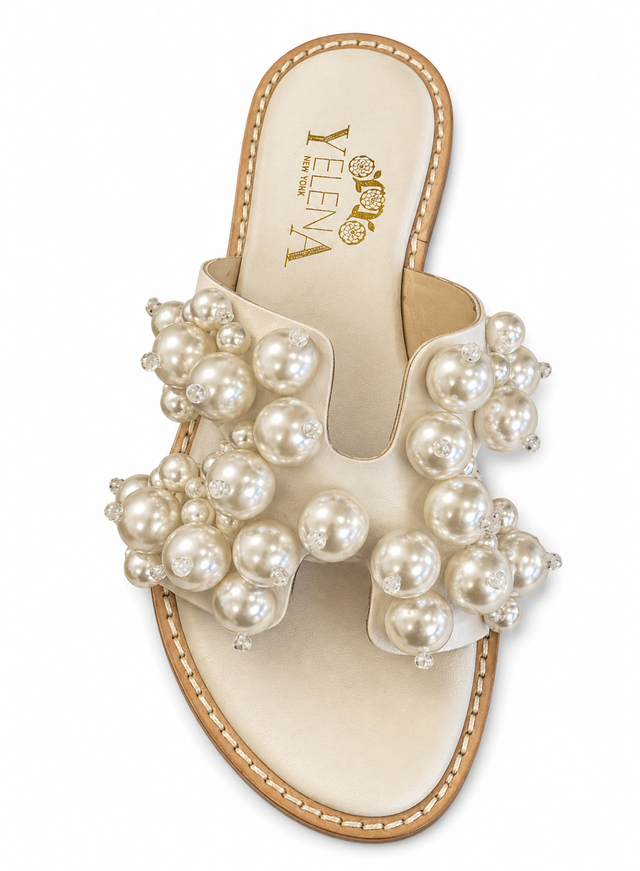 White Calf Leather Slide Sandals with Artificial Pearls