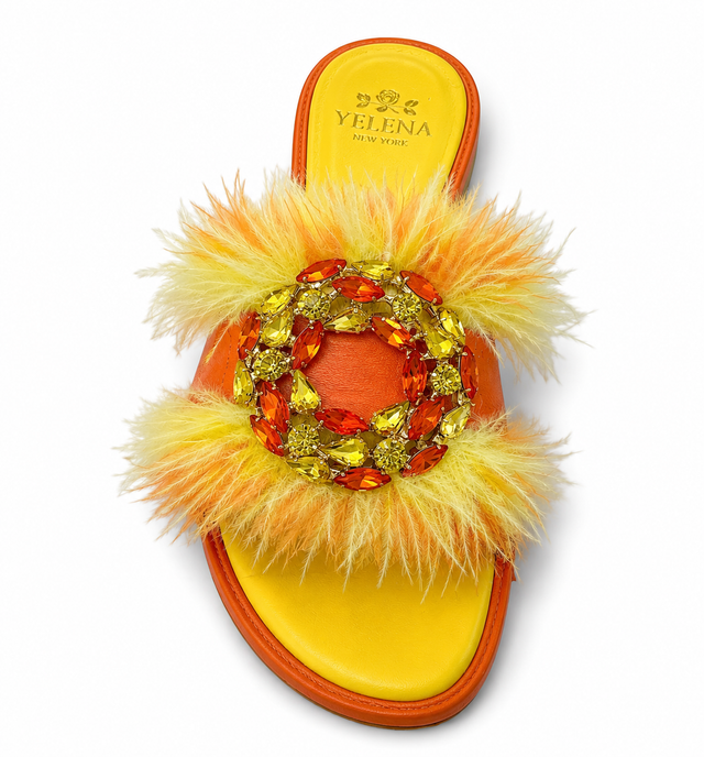 Coral Orange Feather Dream Slide Sandals in Leather