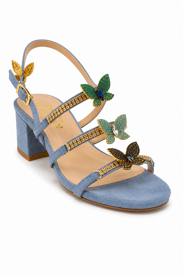 Baby Blue Butterfly Midi Chunky Heel Sandals-RESTOCK COMING