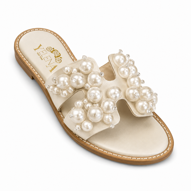 White Calf Leather Slide Sandals with Artificial Pearls
