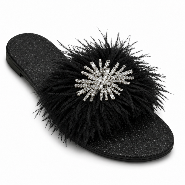 Black Feather Crystal Dream Slide Sandals in Suede