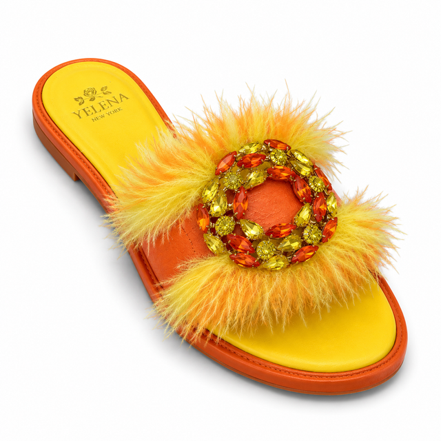 Coral Orange Feather Dream Slide Sandals in Leather