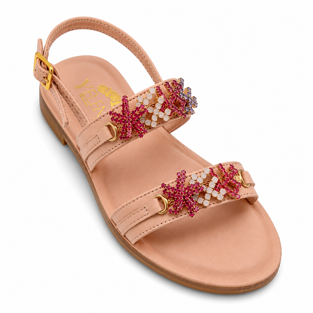 Pink Crystal Coral Starfish Crystal Mini-Me Flat Sandals in Leather - Larger Size