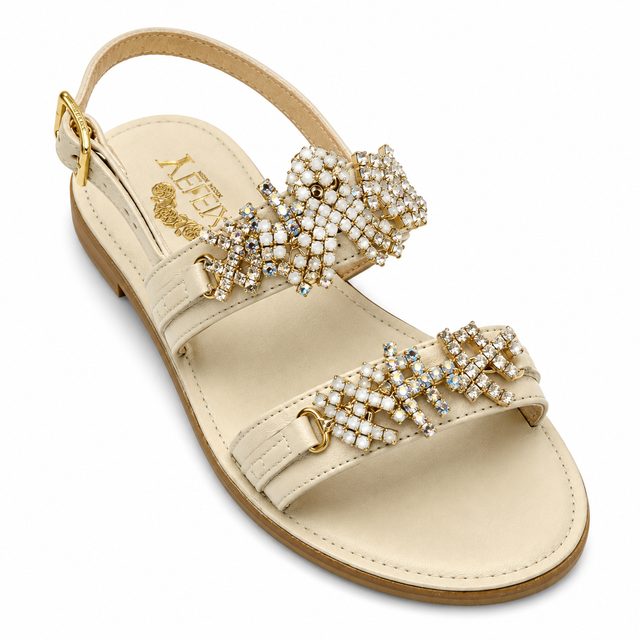 Off White Ecru Crystal Octopus Crystal Mini-Me Flat Sandals in Leather - Larger Size