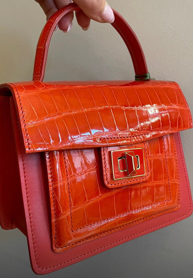Divina Top Handle Croco Bag in Coral