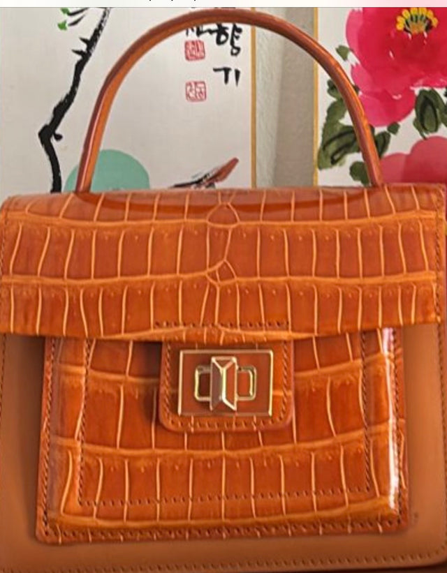 Divina Top Handle Croco Bag in Orange