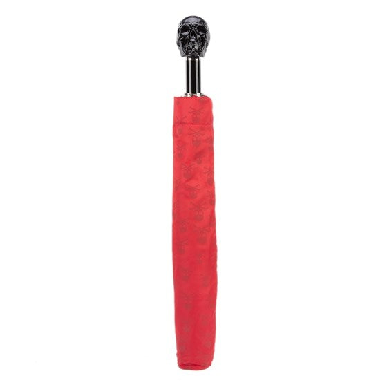 Red Folding Umbrella with Black Skull Handle