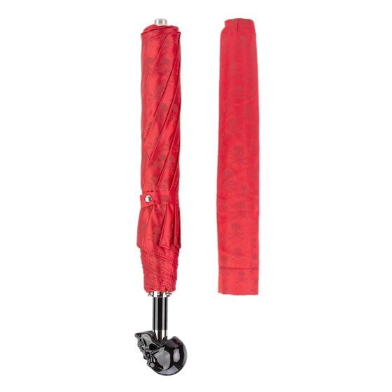 Red Folding Umbrella with Black Skull Handle