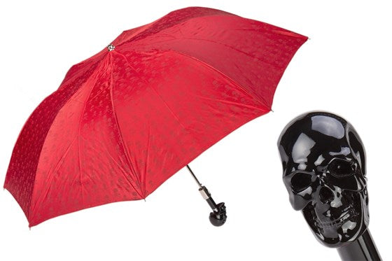 Red Folding Umbrella with Black Skull Handle