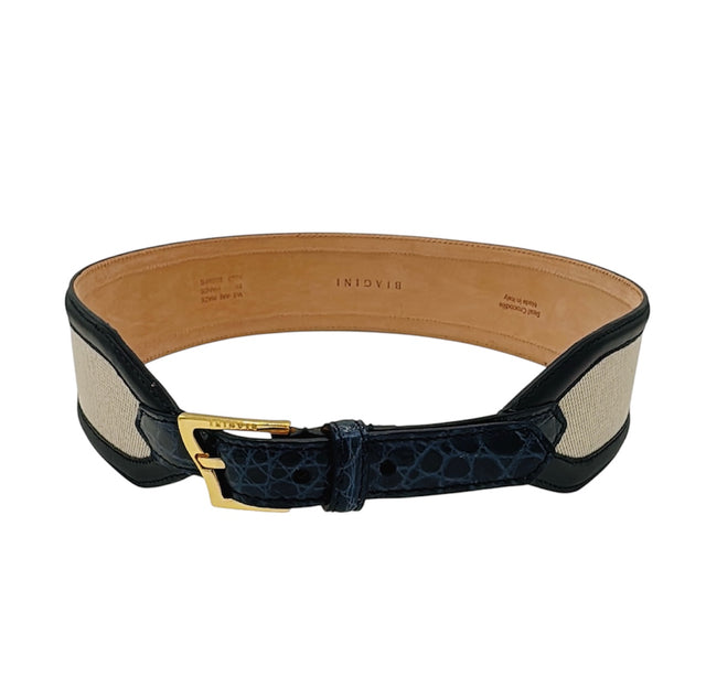 Canvas and shiny crocodile belt with wave buckle in Navy Blue