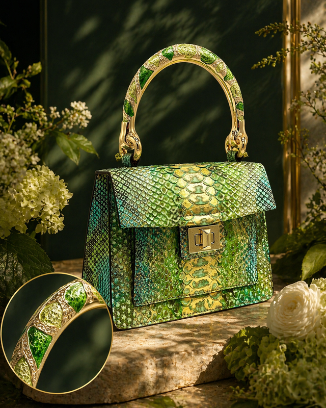 Green & Gold Python Handbag with hand-painted snake brass handle